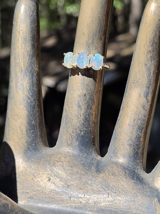 Celestial Kharma Collection by Avelon Jewelry - Opal Trio Solitaire Sterling & Gold Ring Sz6.75